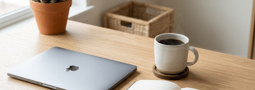 Closed laptop, open notebook with notes, steaming coffee cup, and potted succulent on wooden desk