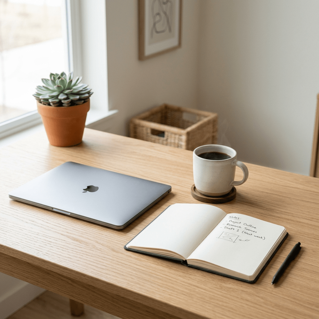 Closed laptop, open notebook with notes, steaming coffee cup, and potted succulent on wooden desk