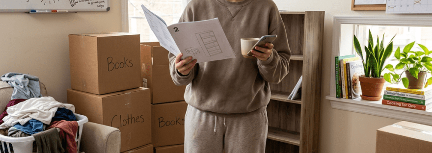 Woman holding documents and phone in a living room with packed boxes and a whiteboard to-do list
