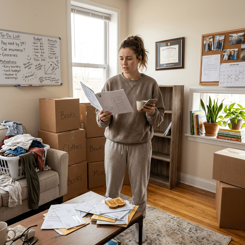 Woman holding documents and phone in a living room with packed boxes and a whiteboard to-do list