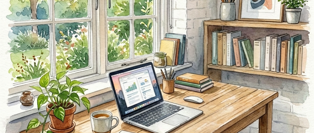 Woman typing on laptop at wooden desk near window with plants and books