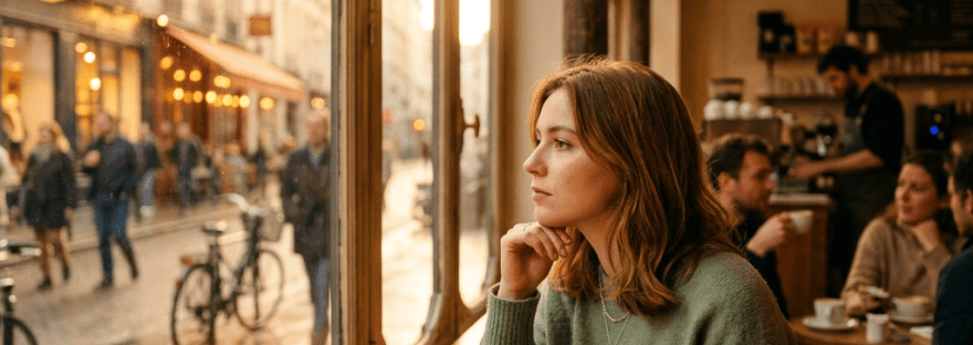 Woman sitting at a cafe window holding a cup of coffee, looking outside thoughtfully